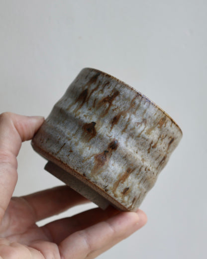 Hand-thrown organic stoneware tumbler in a speckled ash glaze, shown against a white background.
